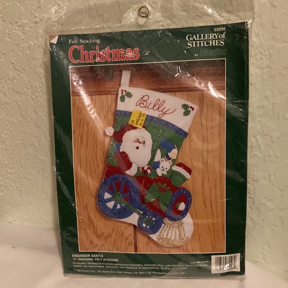 1990 Bucilla Train Engineer Santa Felt / Jeweled Christmas Stocking Kit 15" - Picture 1 of 6